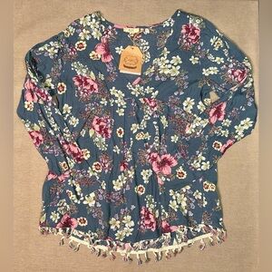 Kori America Blue Floral Blouse with Rainbow Tassels Size Medium